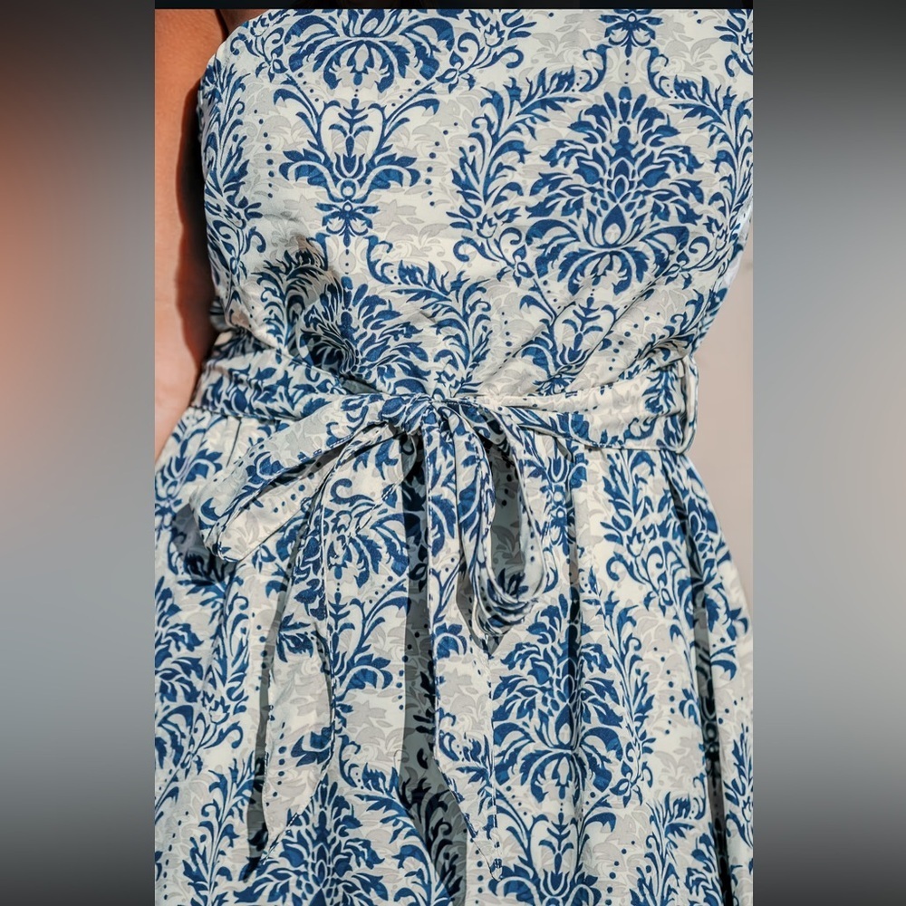 Cupshe Asymmetrical One Shoulder Pleated Blue Damask and Cream Mini Dress Large - Picture 3 of 14
